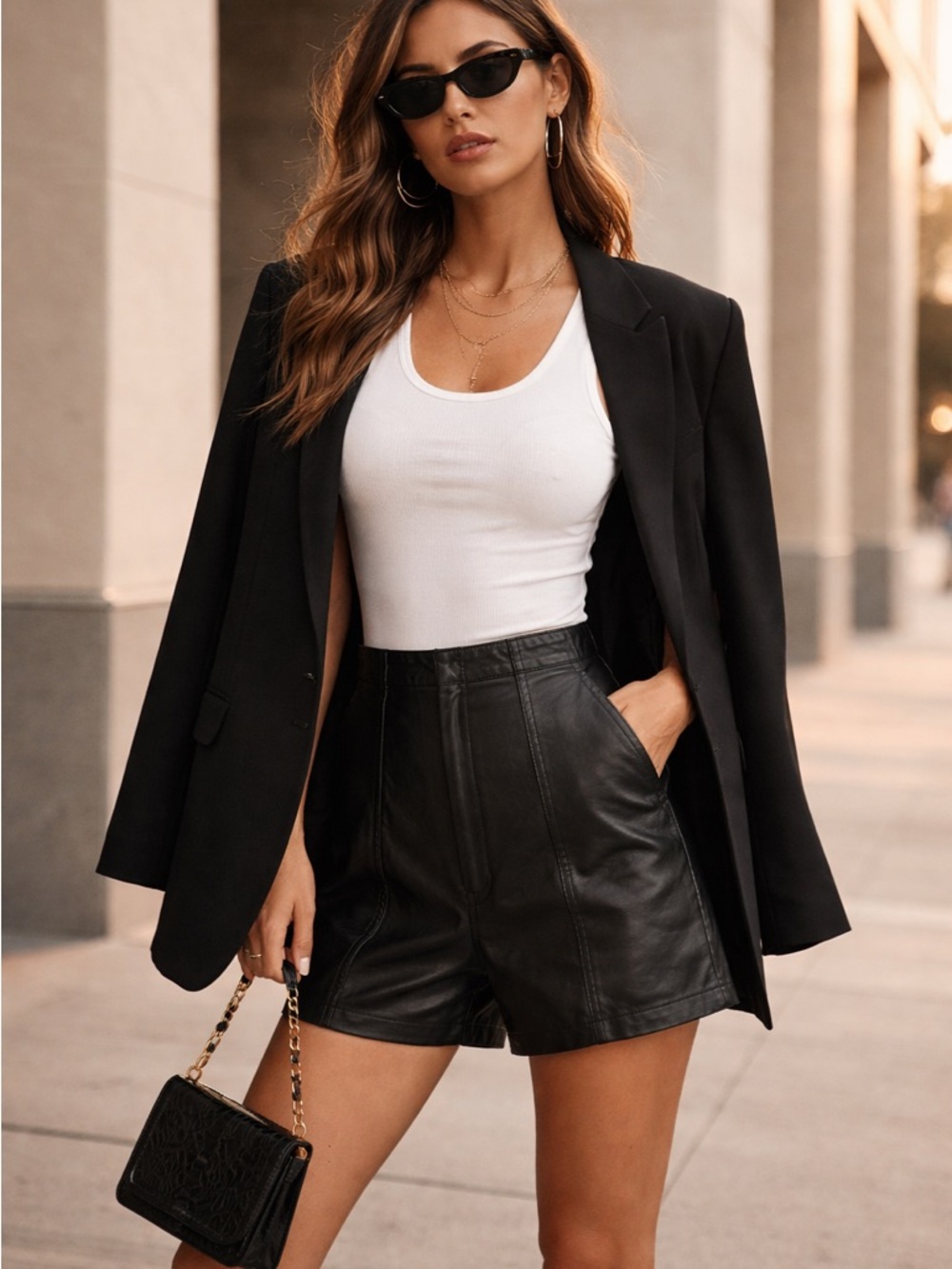 Black Leather High-Waisted Shorts Panel Stitch Minimal Chic